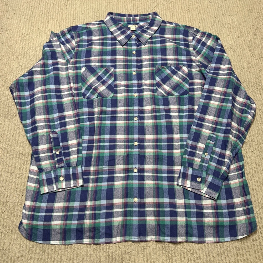 LL Bean Womens 2X Plaid Flannel Shirt Blue Green Cotton Button Down 296833